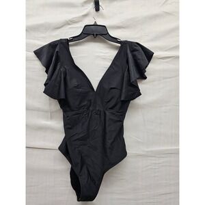 Binlowis Womens Black Ruffle Sleeve V-Neck One Piece Swimsuit Size S New
